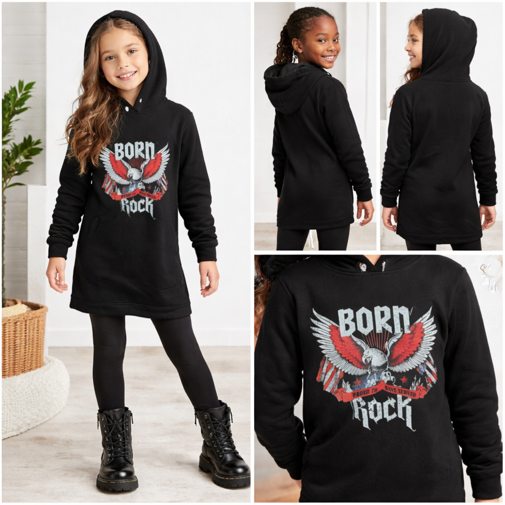 Sudadera Vestido Enfelpada Negra para Niña con Capucha
