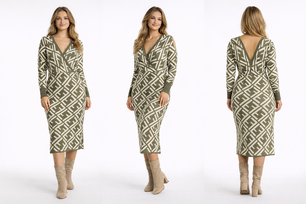 Vestido midi de punto geométrico cruzado para mujer