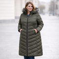 Chaqueta acolchada larga mujer verde kaky con capucha desmontable