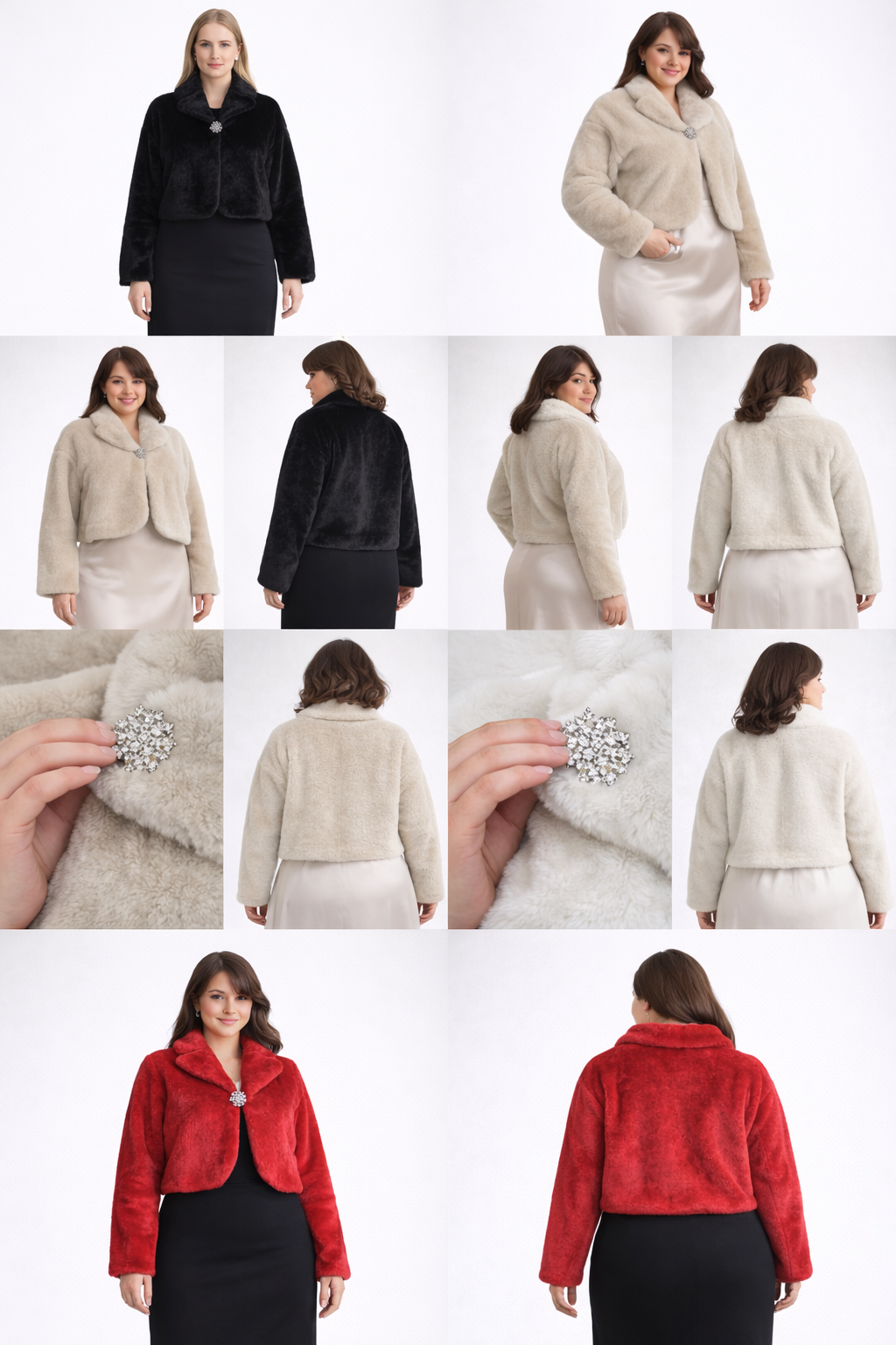 Bolero extra corto de pelo suave manga larga con broche joya mujer