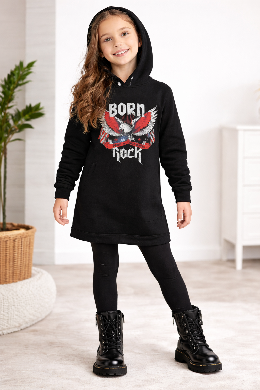 Sudadera Vestido Enfelpada Negra para Niña con Capucha
