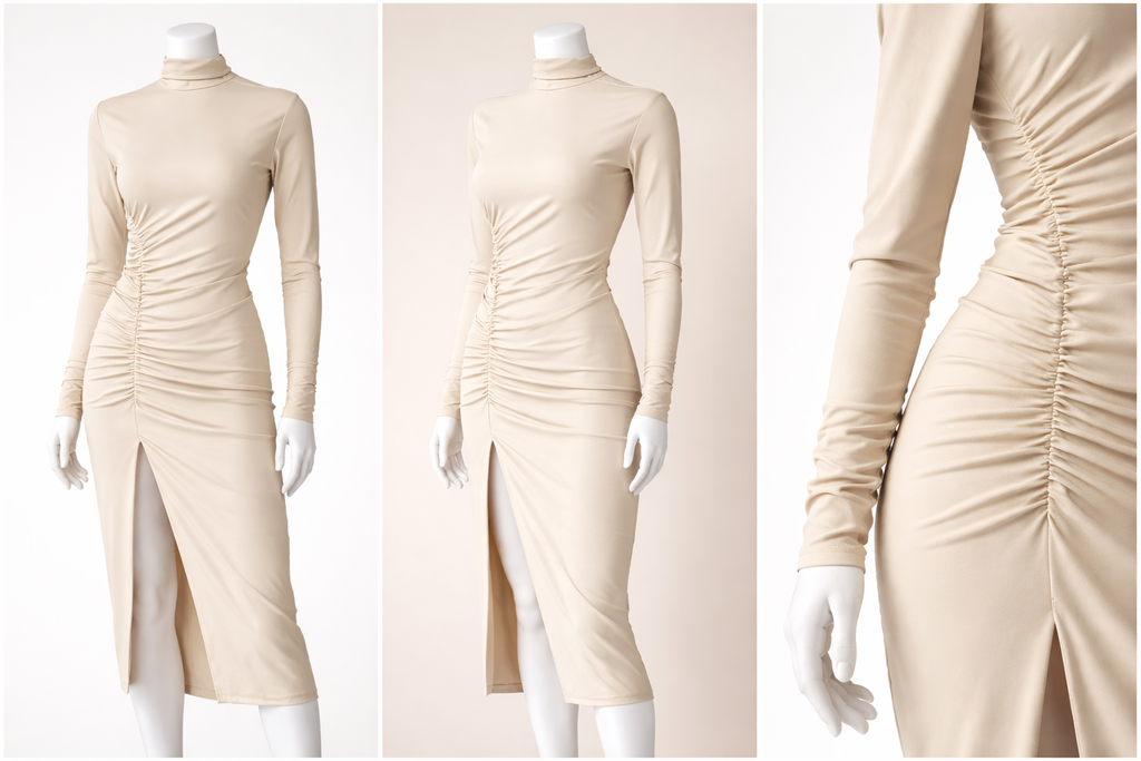 Vestido midi fruncido crema supraelástico mujer