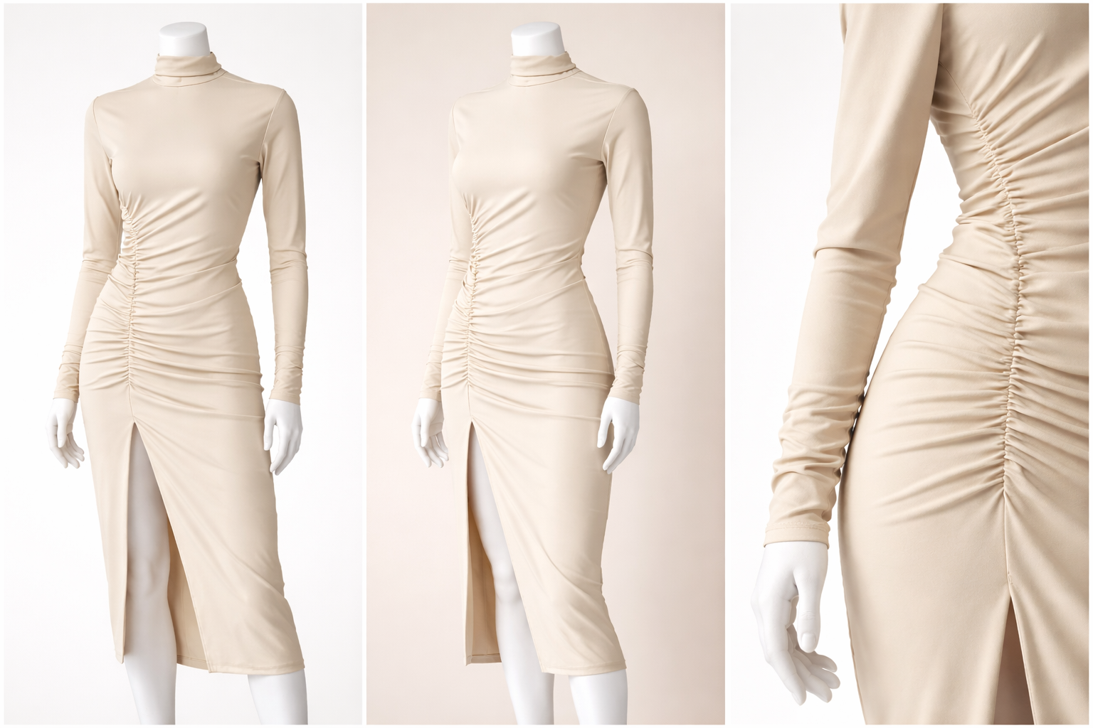 Vestido midi fruncido crema supraelástico mujer