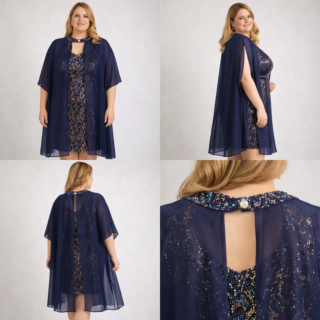 Vestido de lentejuelas multicolor con capa azul marino mujer