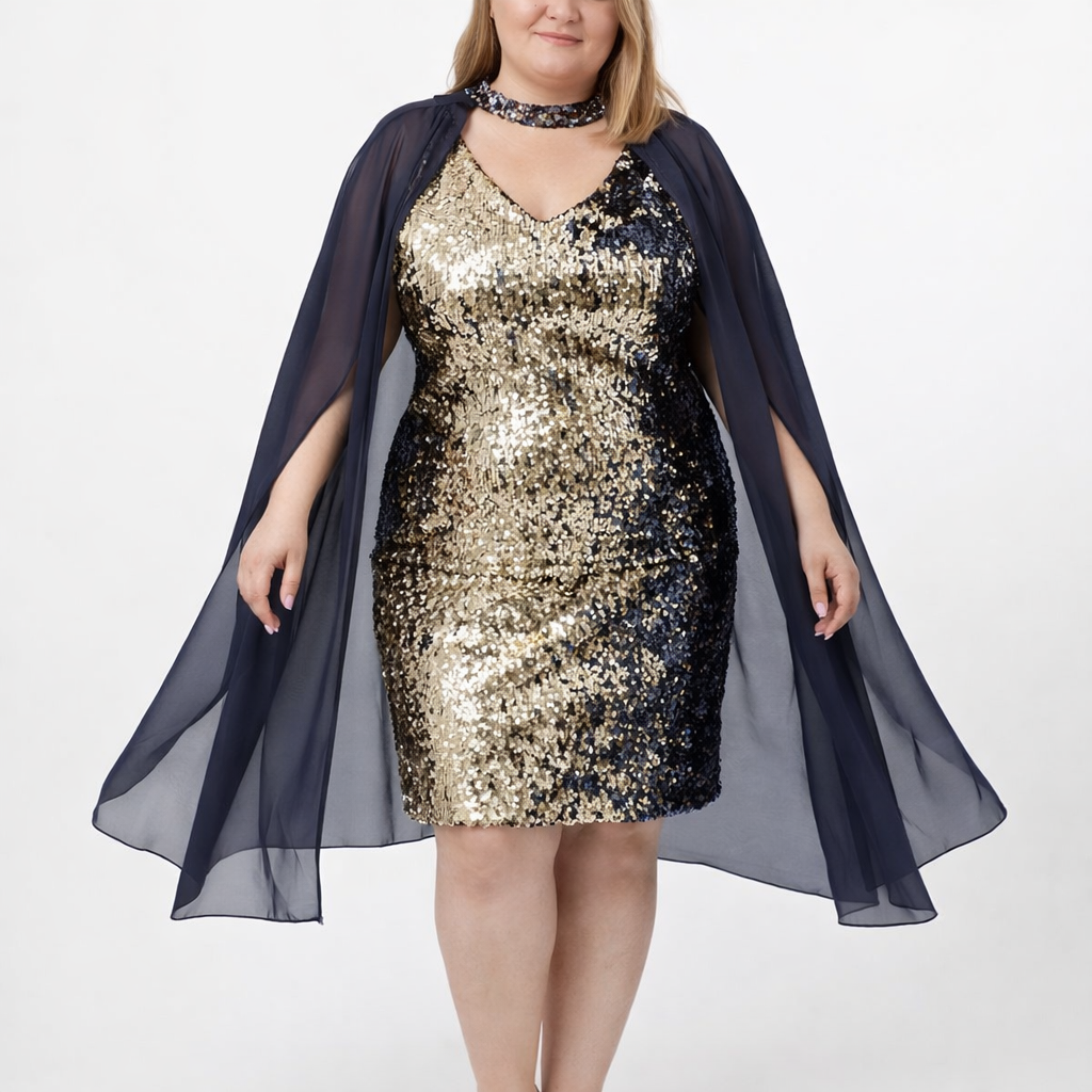Vestido midi lentejuelas reversible azul/dorado con capa (tallas 46-52)