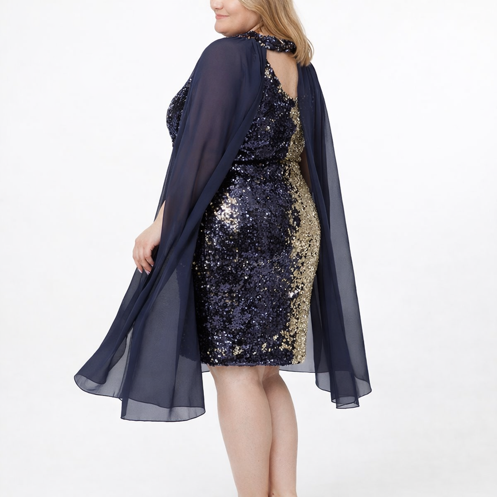 Vestido midi lentejuelas reversible azul/dorado con capa (tallas 46-52)