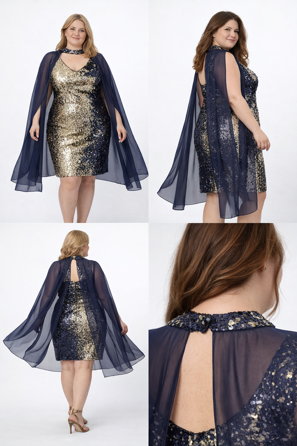 Vestido midi lentejuelas reversible azul/dorado con capa (tallas 46-52)