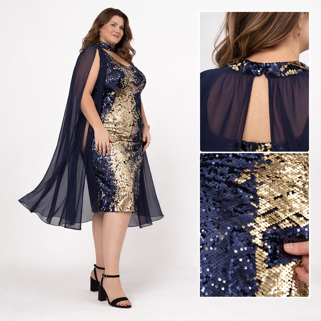 Vestido midi lentejuelas reversible azul/dorado con capa (tallas 46-52)