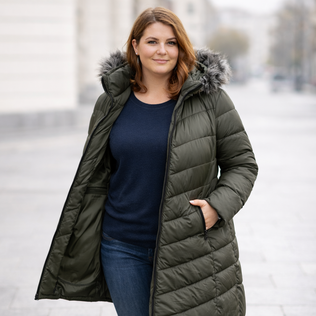 Chaqueta acolchada larga mujer verde kaky con capucha desmontable