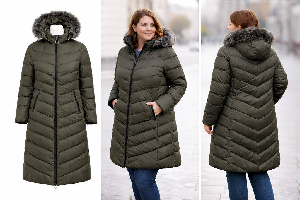 Chaqueta acolchada larga mujer verde kaky con capucha desmontable