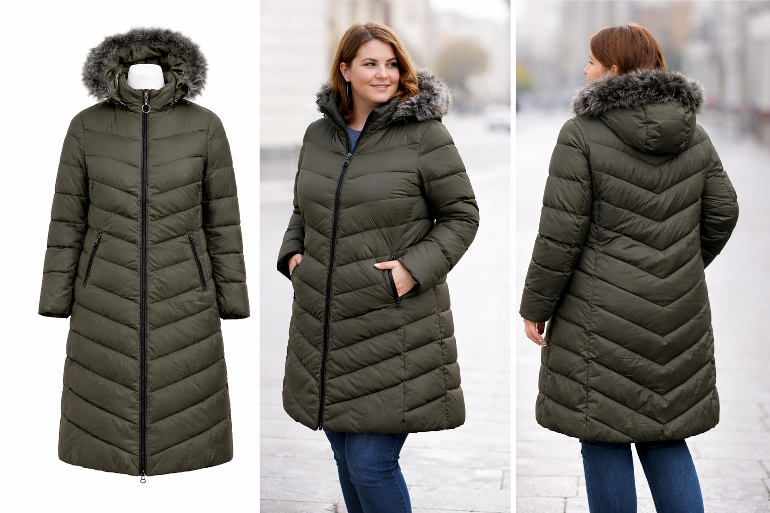Chaqueta acolchada larga mujer verde kaky con capucha desmontable