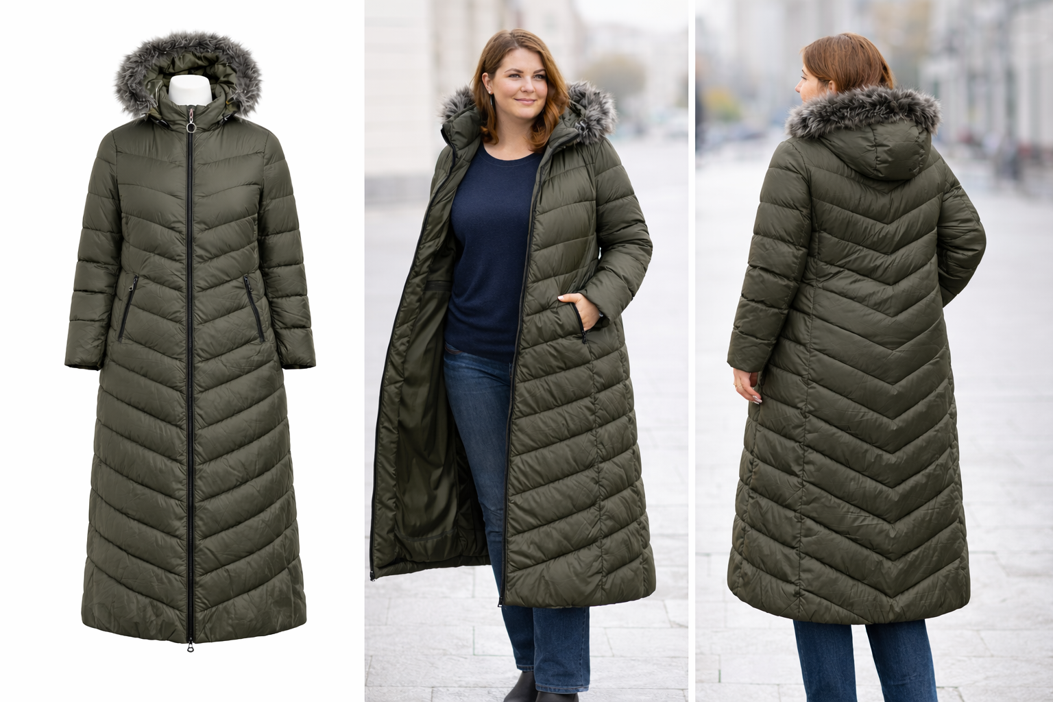 Chaqueta acolchada larga mujer verde kaky con capucha desmontable