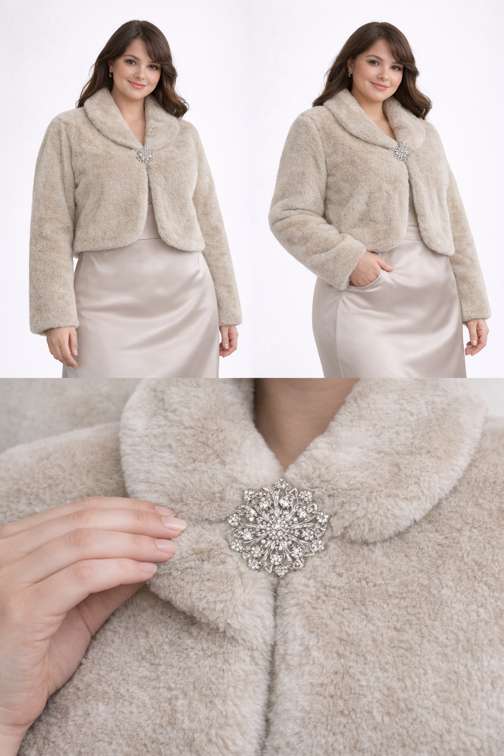 Bolero extra corto de pelo suave manga larga con broche joya mujer