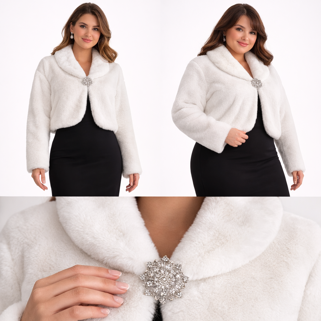Bolero extra corto de pelo suave manga larga con broche joya mujer