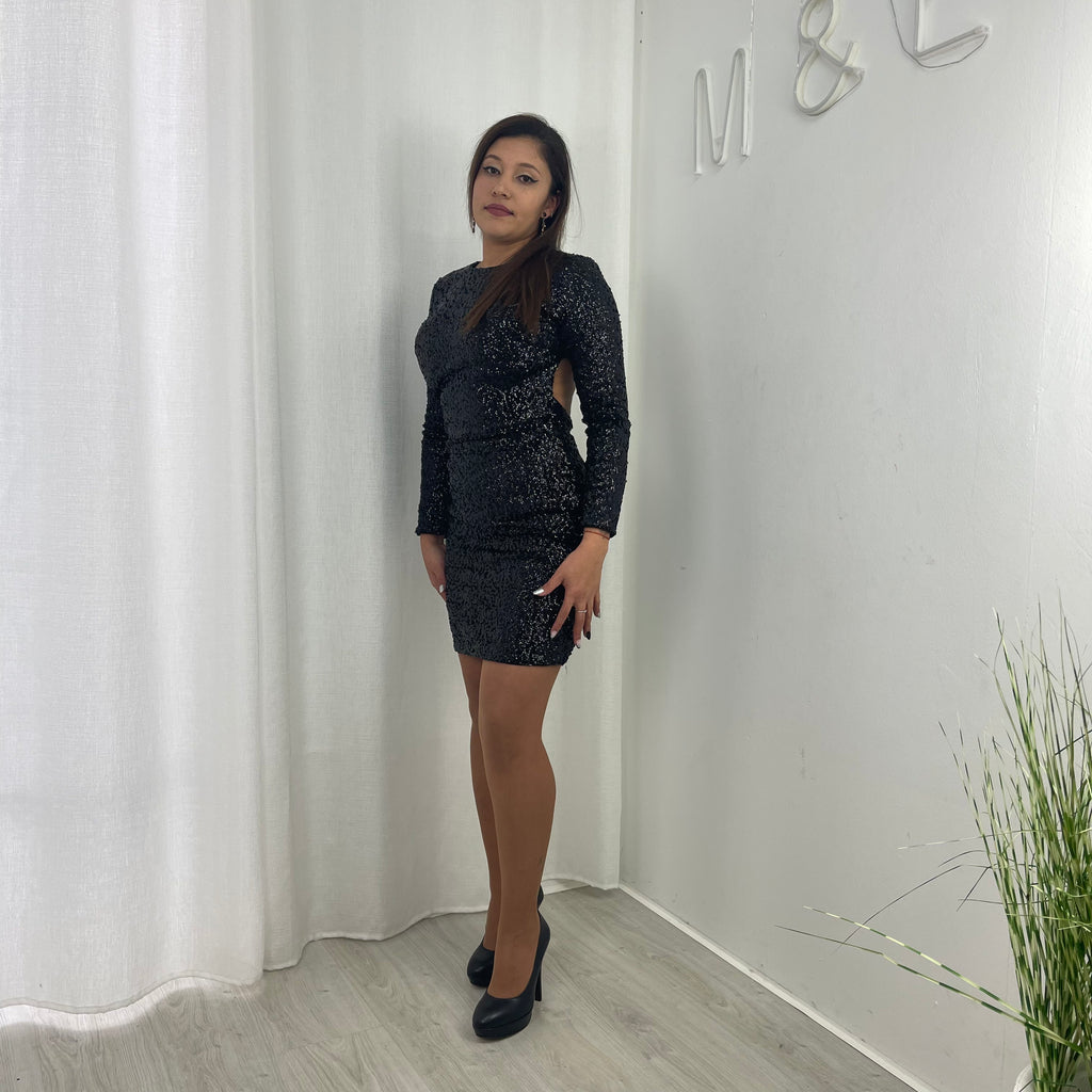 Vestido mini negro de lentejuelas con espalda abierta para mujer