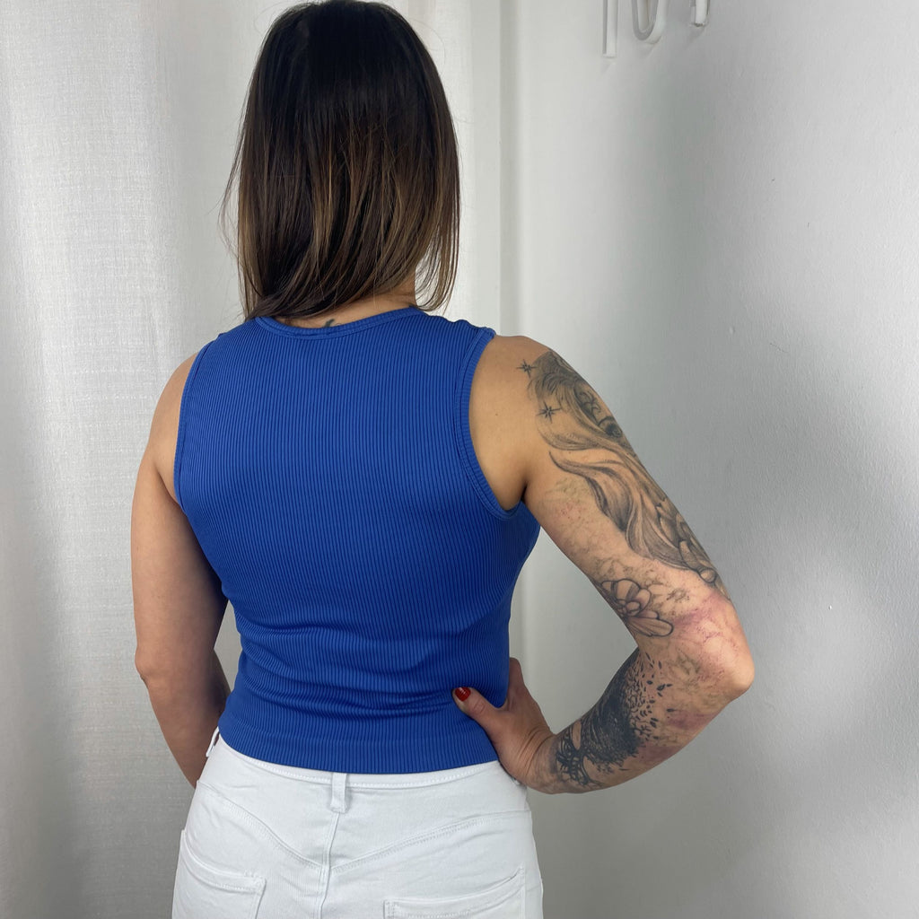 Top canalé mujer sin mangas cuello redondo, ajustado y cómodo, estilo básico versátil para looks casuales o elegantes
