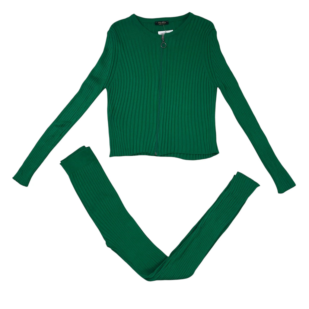 Conjunto de punto canalé con cremallera – Verde o azul – Talla única mujer