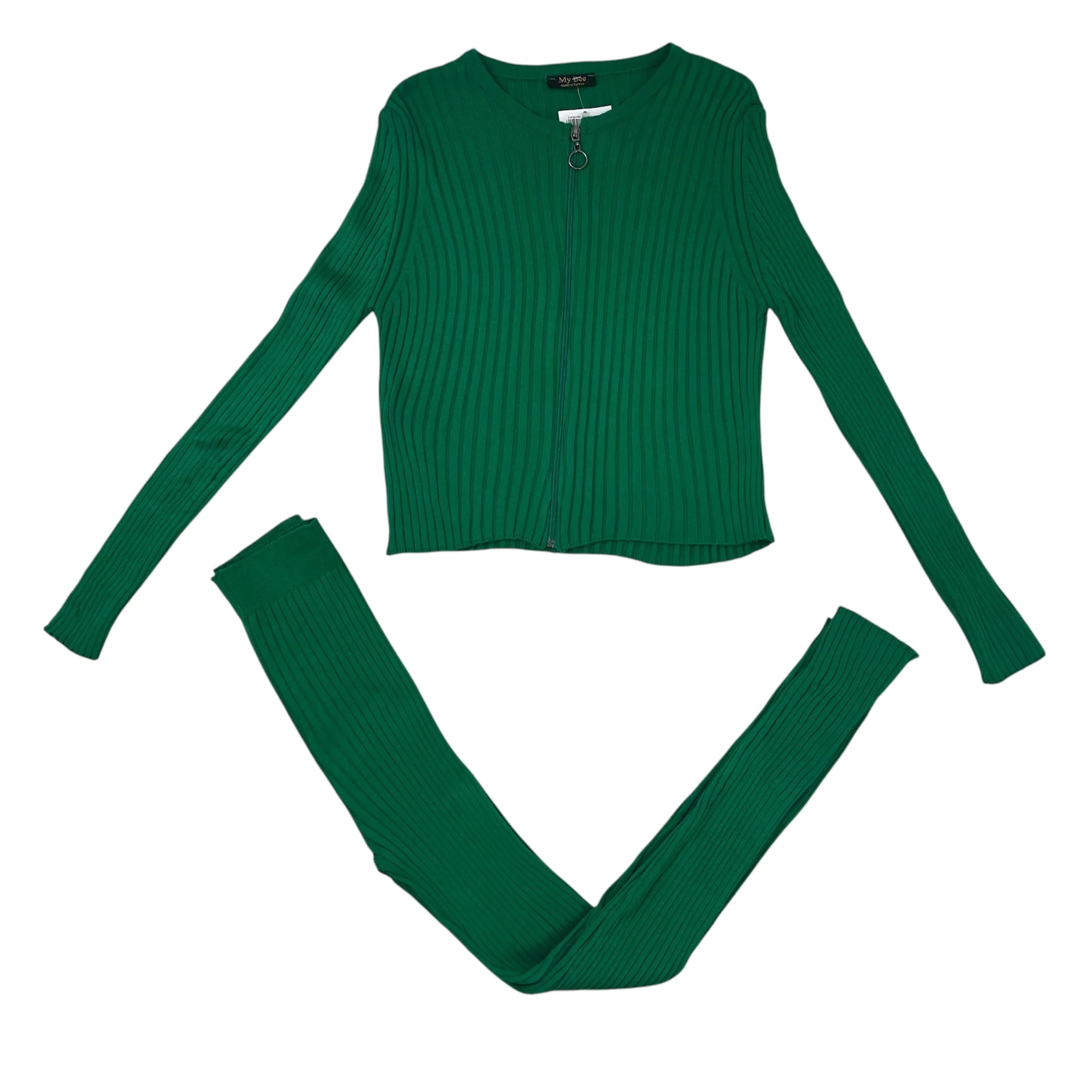 Conjunto de punto canalé con cremallera – Verde o azul – Talla única mujer