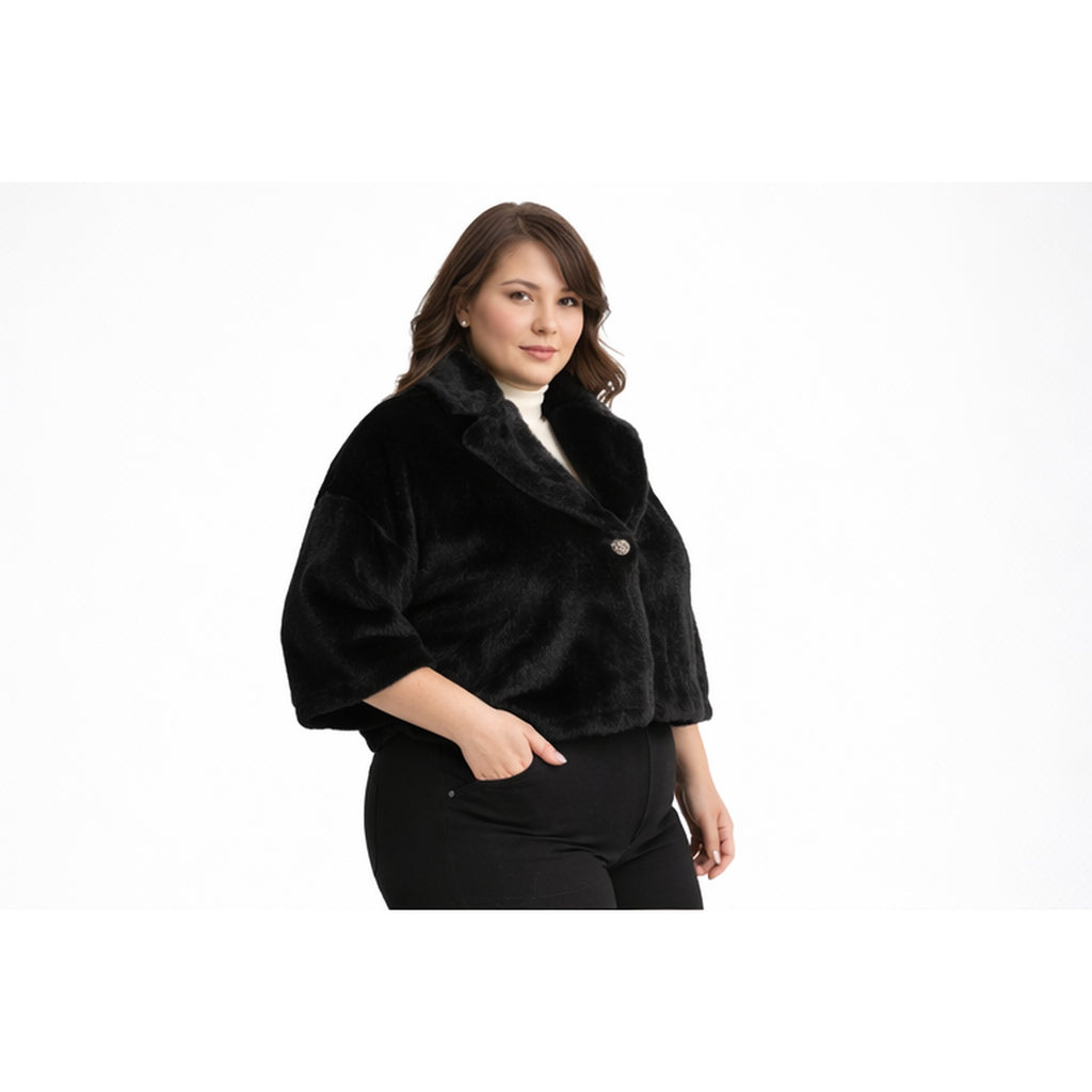 Chaqueta corta de pelo suave negra mujer, manga 3/4