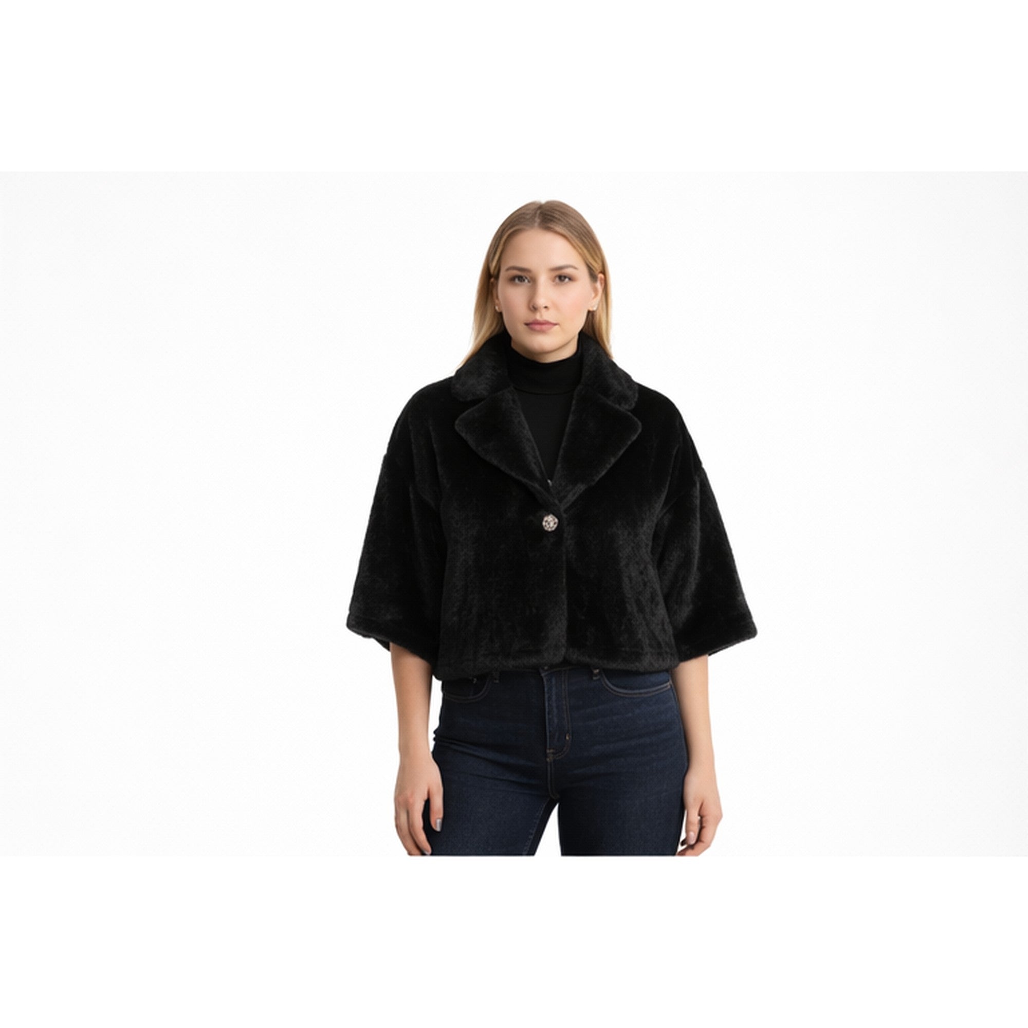 Chaqueta corta de pelo suave negra mujer, manga 3/4
