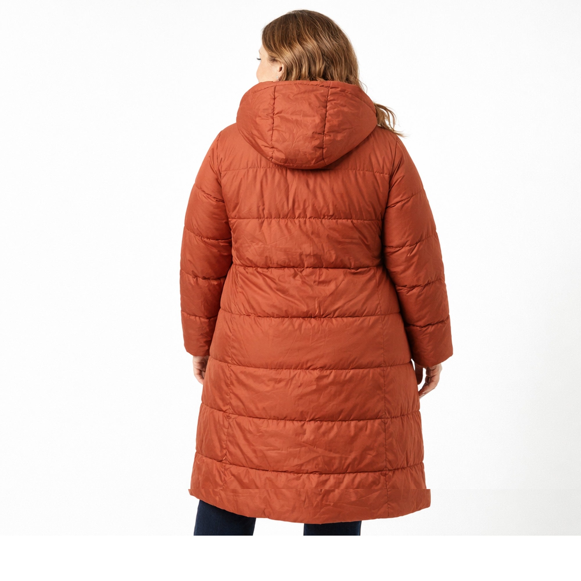 Abrigo acolchado largo con capucha teja para mujer