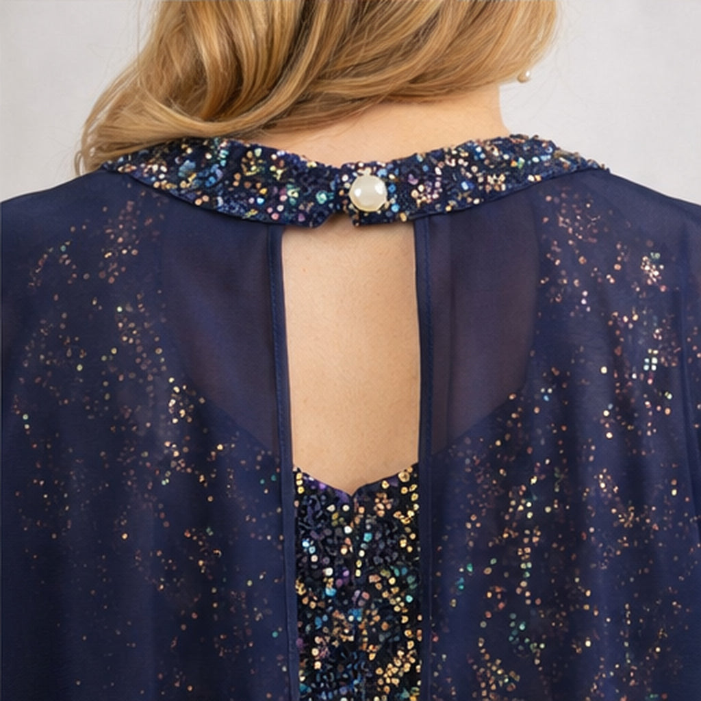 Vestido de lentejuelas multicolor con capa azul marino mujer