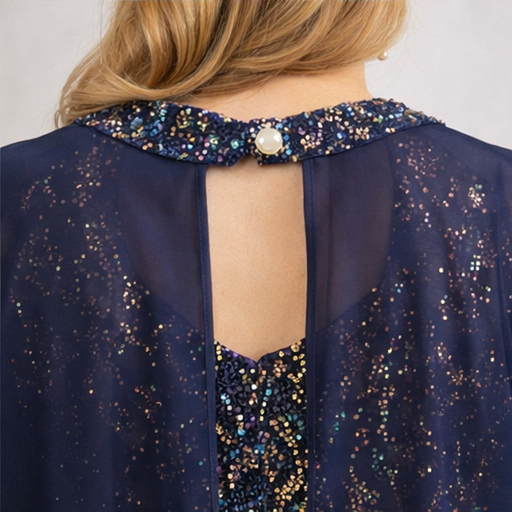 Vestido de lentejuelas multicolor con capa azul marino mujer