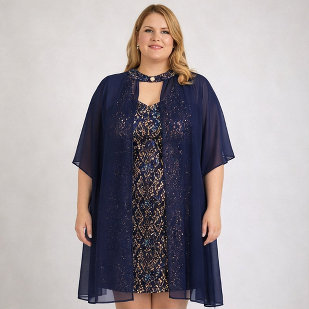 Vestido de lentejuelas multicolor con capa azul marino mujer