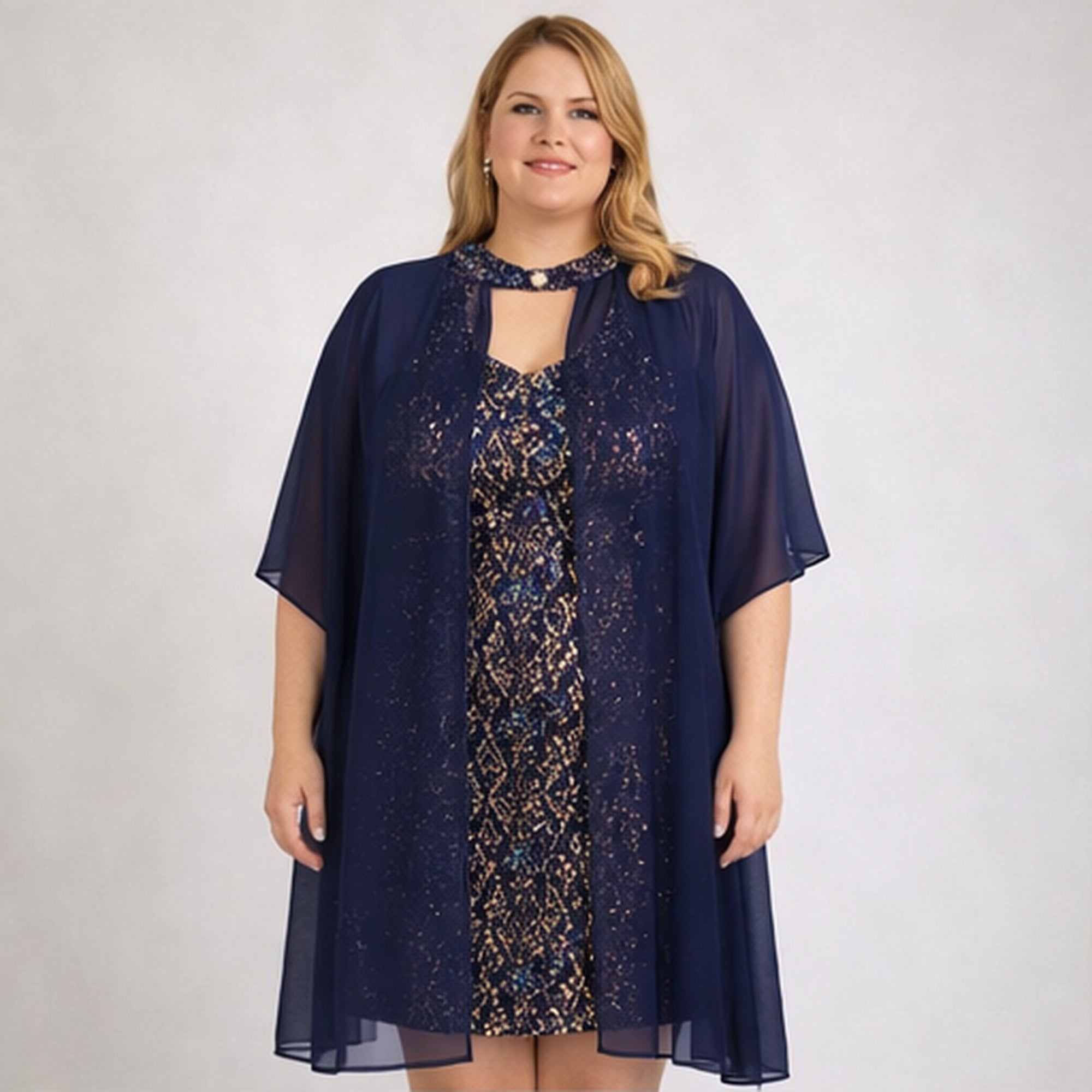 Vestido de lentejuelas multicolor con capa azul marino mujer