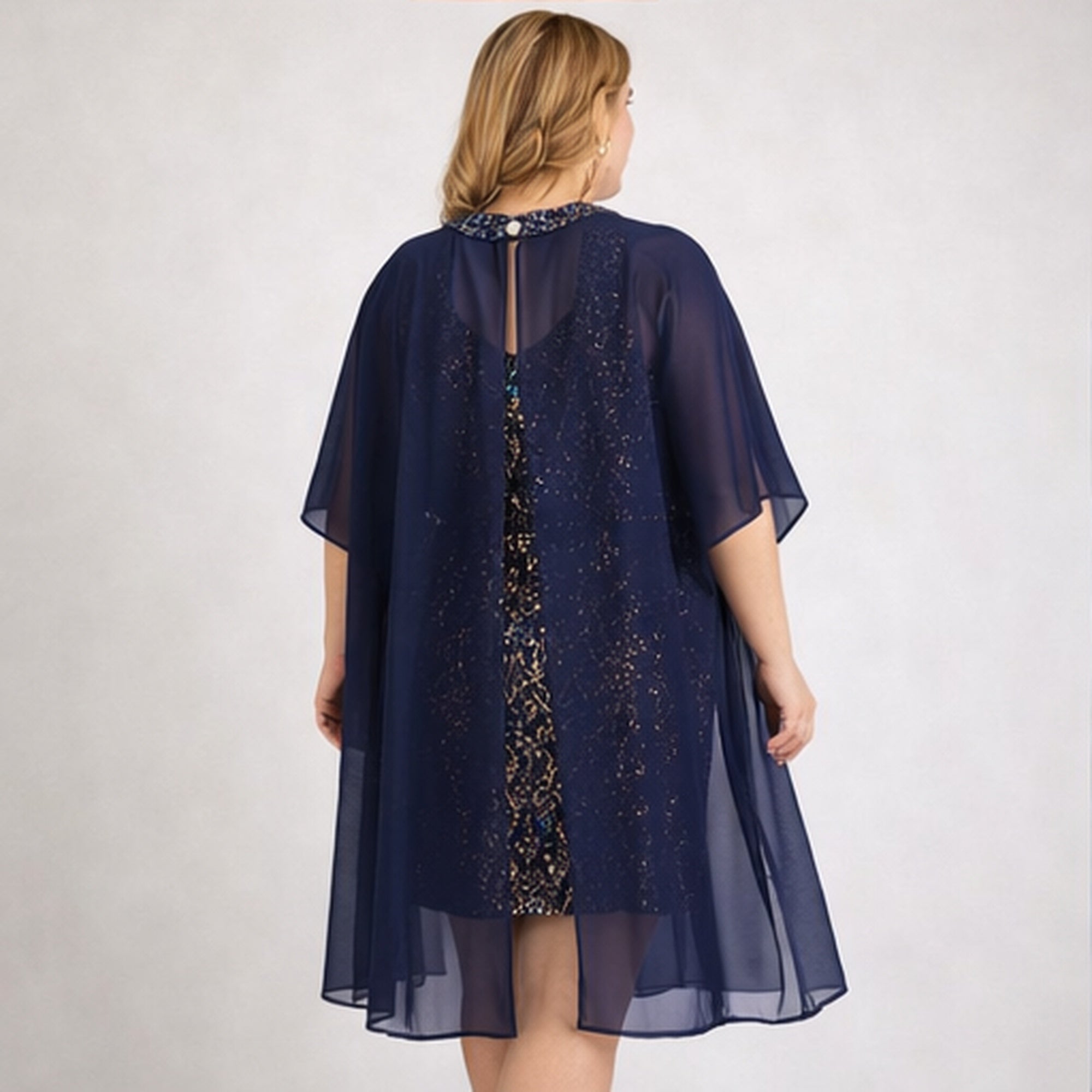 Vestido de lentejuelas multicolor con capa azul marino mujer