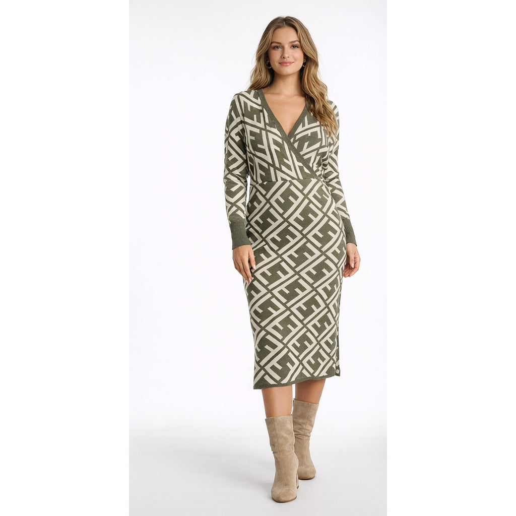 Vestido midi de punto geométrico cruzado para mujer