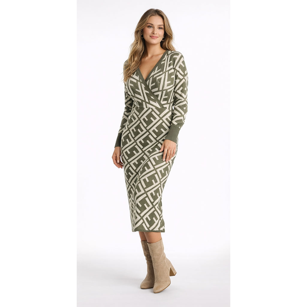 Vestido midi de punto geométrico cruzado para mujer